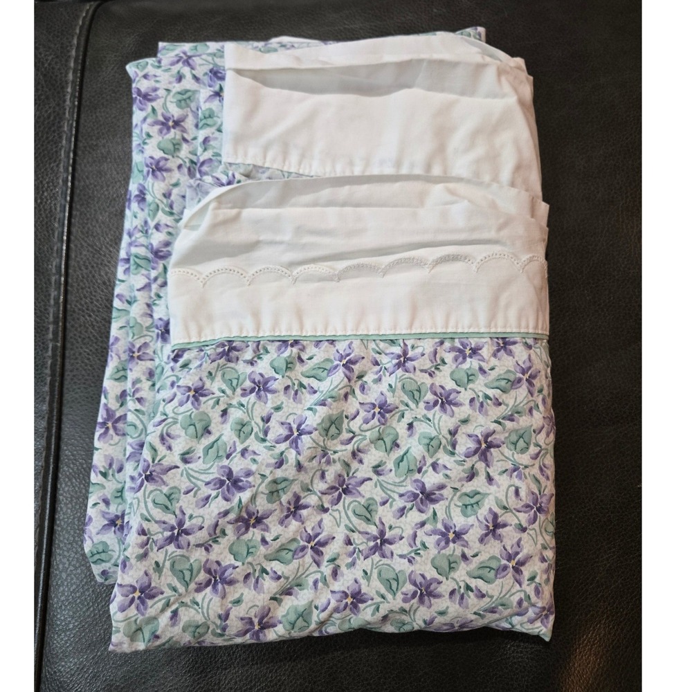 Vintage Full Flat Sheet - violets, pansies, purple, white ruffled edge